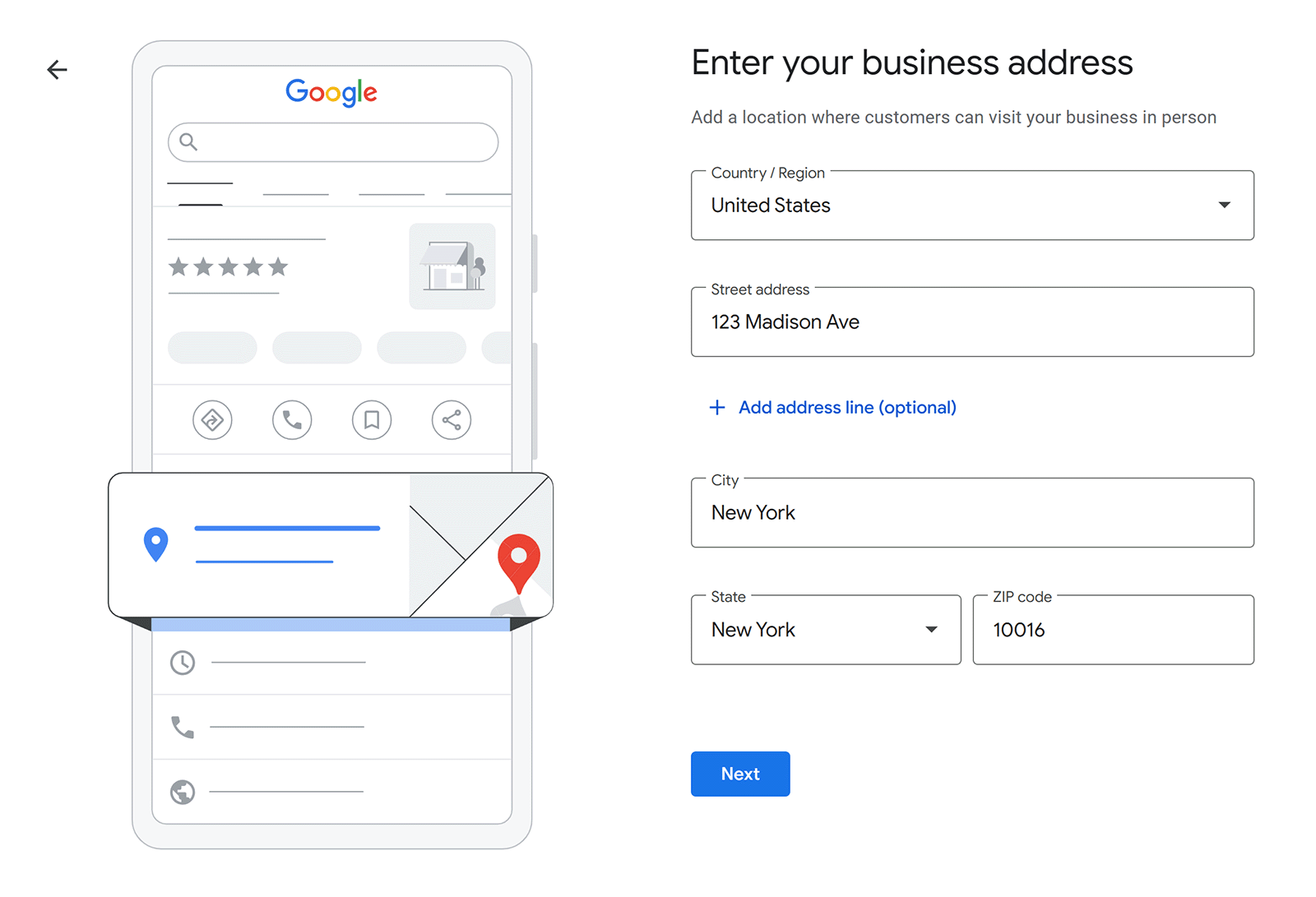 Google Business Profile setup step asking for the business address, showing an example address