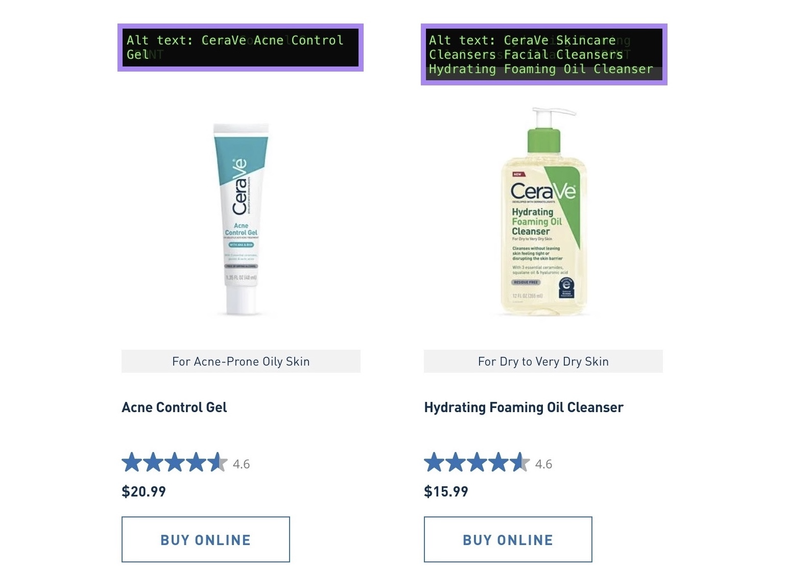 The product images on CeraVe's website using descriptive alt text that includes the name of the product.