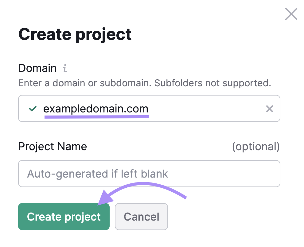 "Create project" pop-up window in Organic Traffic Insights
