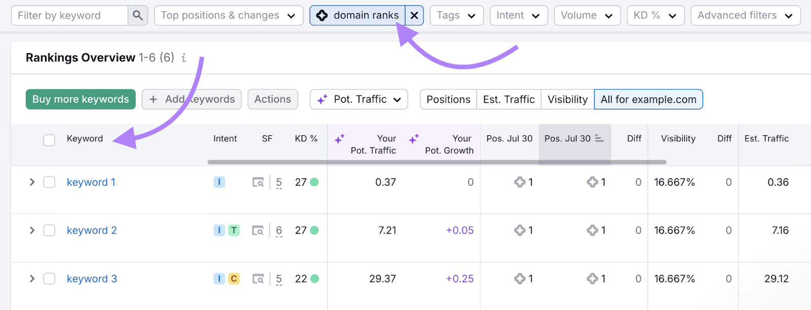 Position Tracking tool shows which tracked keywords the domain ranks for.
