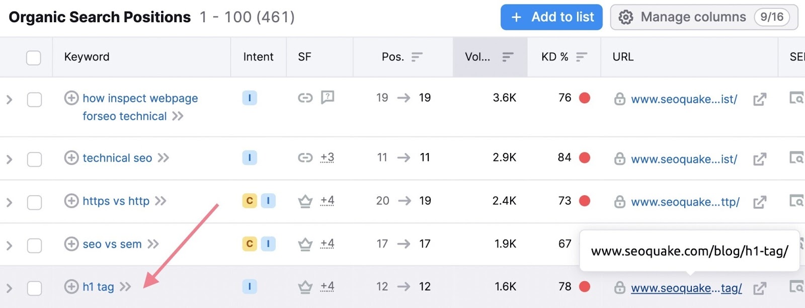 organic rankings "h1 tag" result highlighted