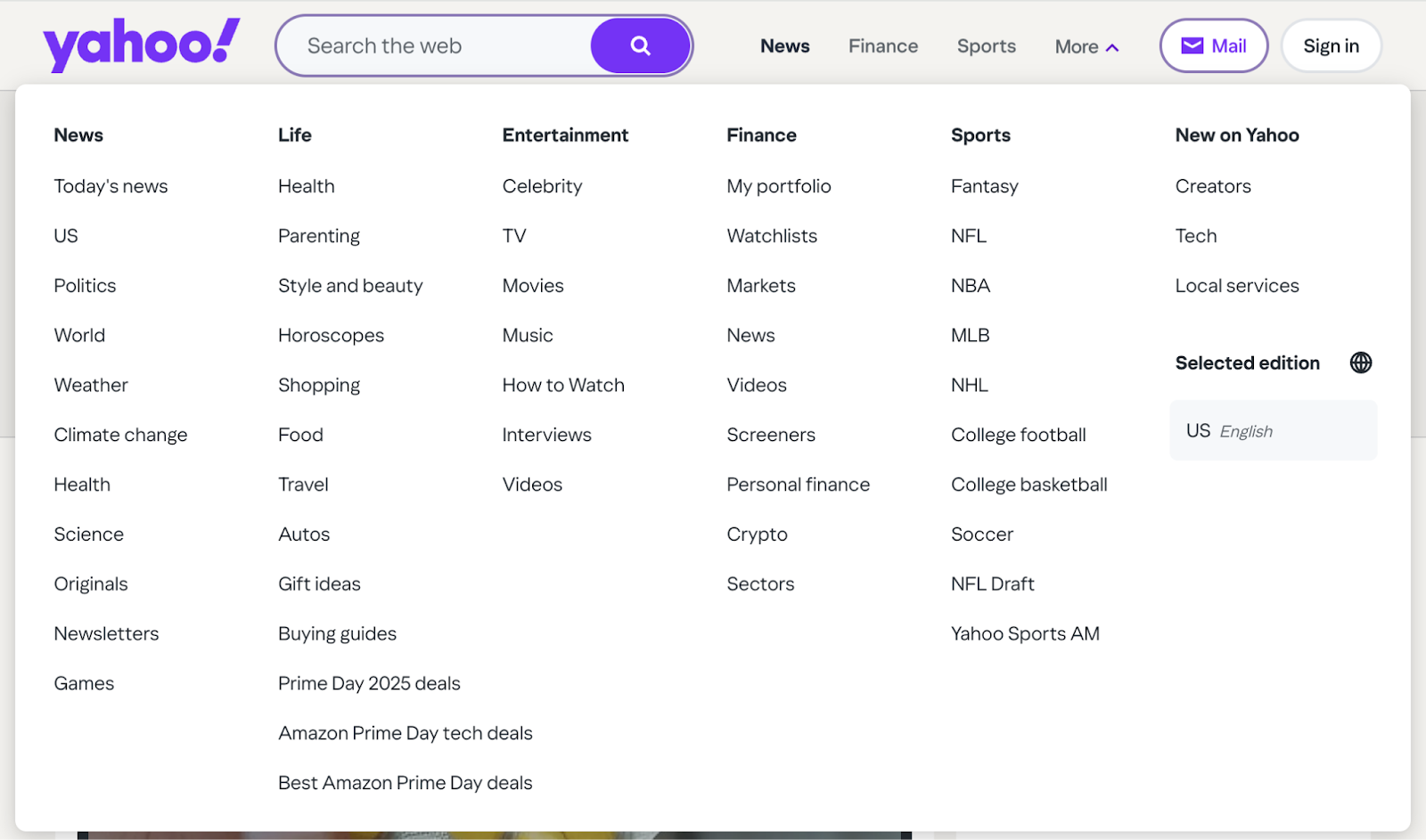 Yahoo categories menu shows subtopics for each.