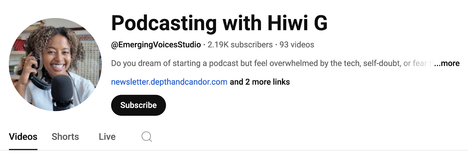 A YouTube channel includes SEO keyword in its name such as Podcasting with Hiwi G.
