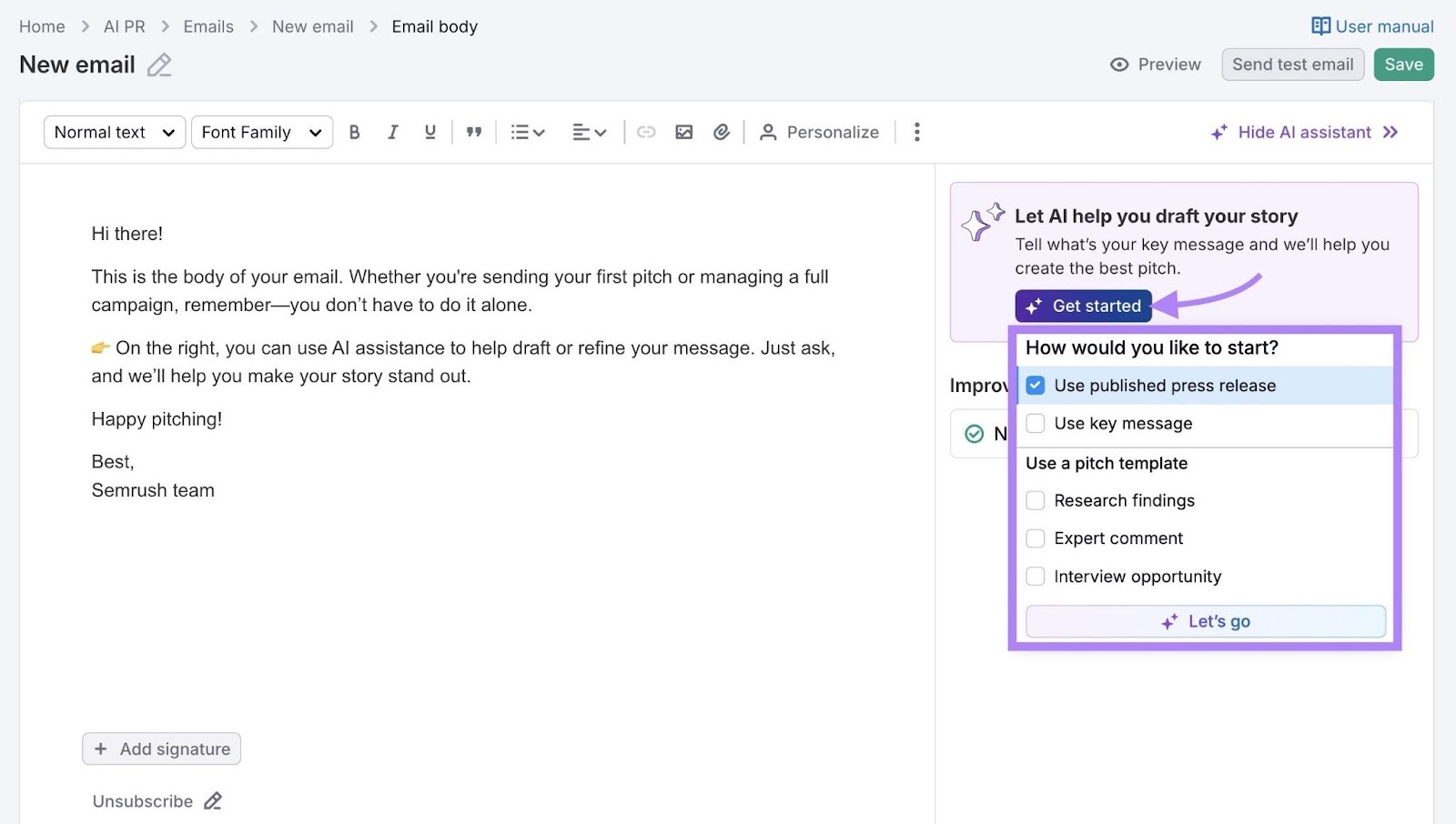 The email editor on the AI PR Toolkit with "Get started" clicked showing a list of template options in the dropdown.