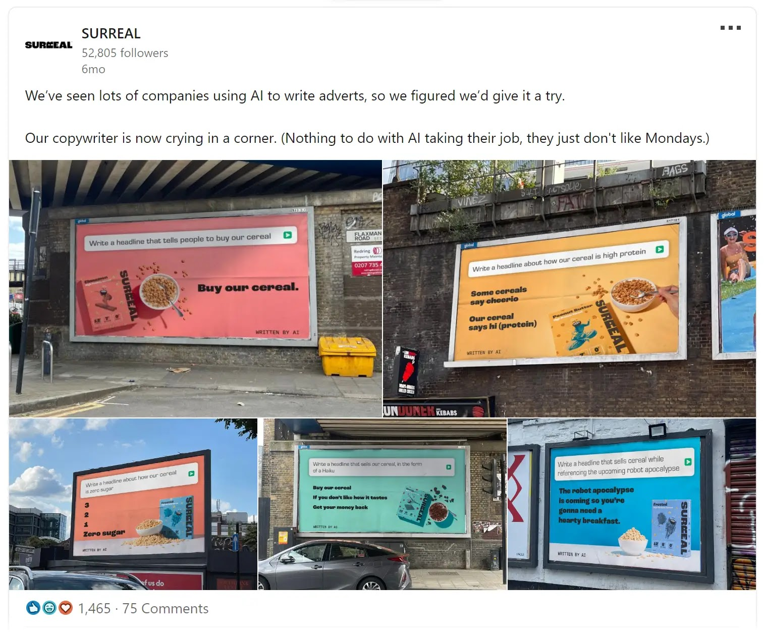 Surreal's Linkedin post sharing brand's AI billboards.