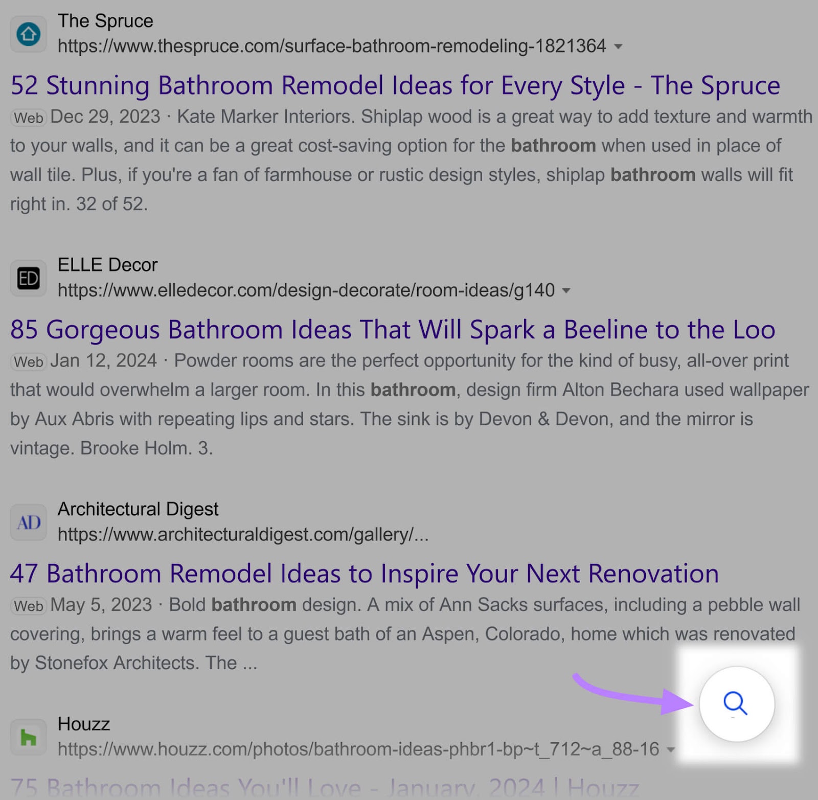 Search icon highlighted in the bottom right corner on Bing's SERP