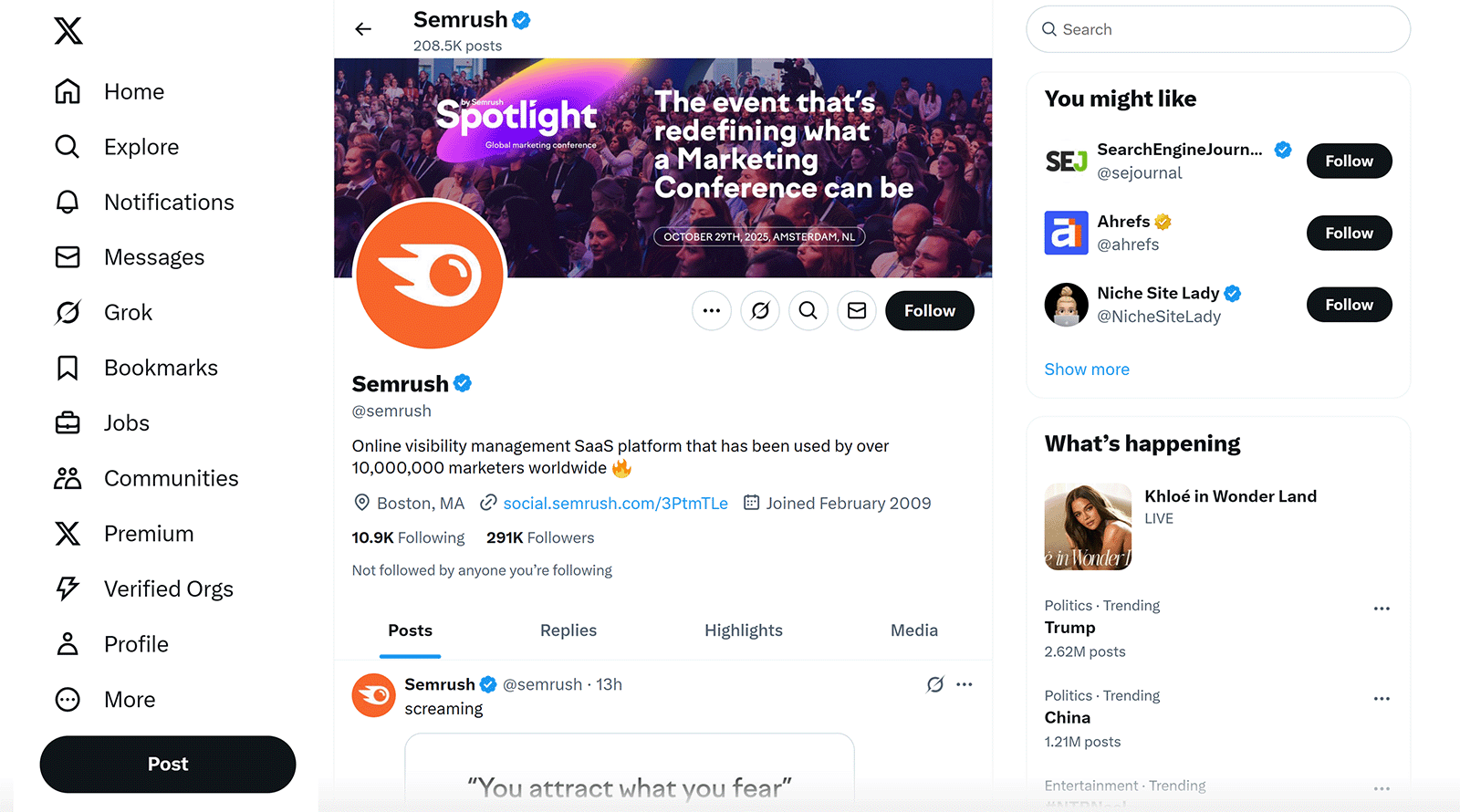 Semrush profile on X with 291K followers, featuring a banner for its Spotlight marketing conference in Amsterdam.