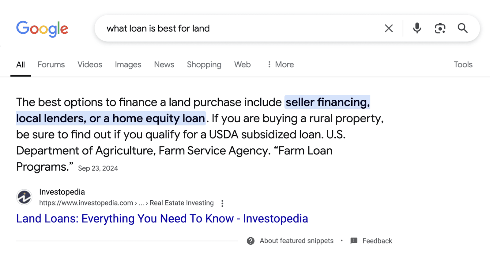 Featured snippet generated for "what loan is best for land"