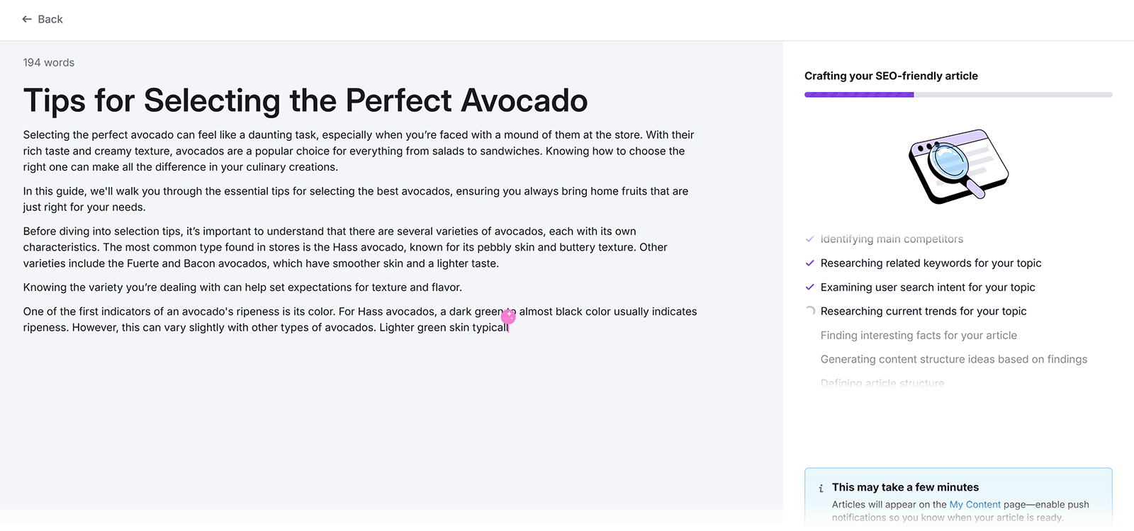 AI writing progress with a drafted article about avocados and a checklist of SEO tasks on the side.