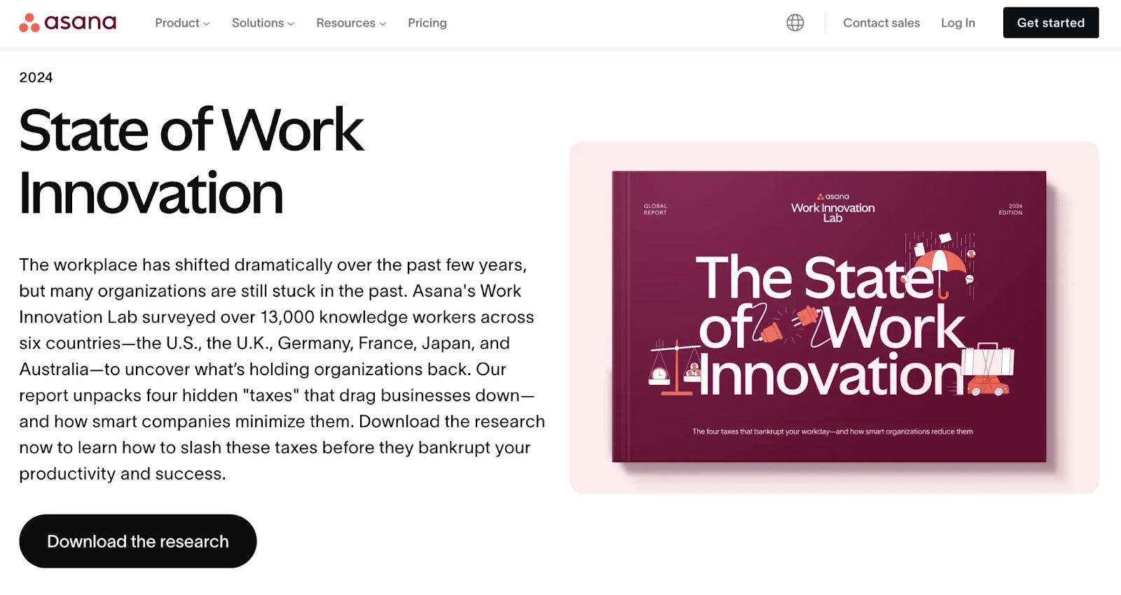State of Work Innovation landing page has a short description and a call to action to download the research.