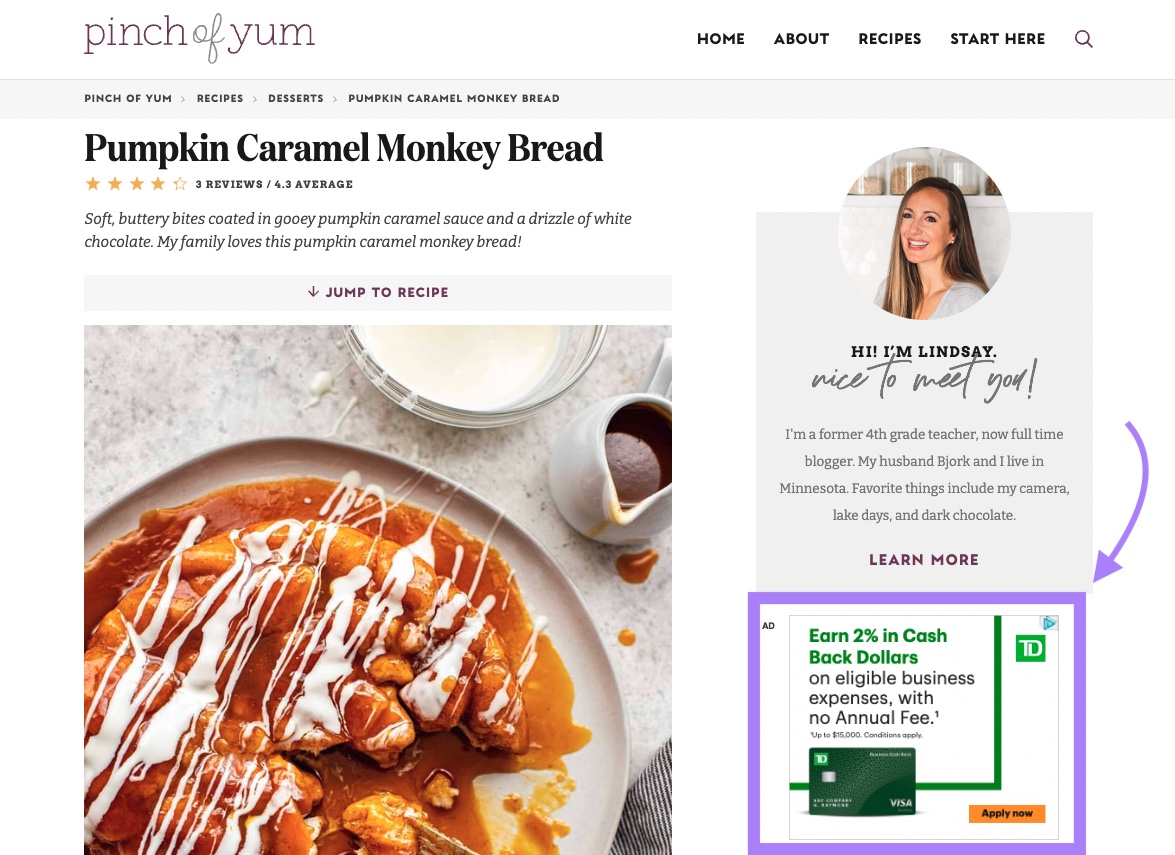 A display ad in pinchofyum's blog post