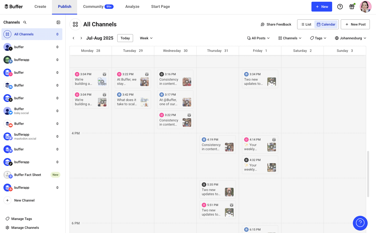 Buffer publishing calendar showing scheduled social media posts across multiple channels.