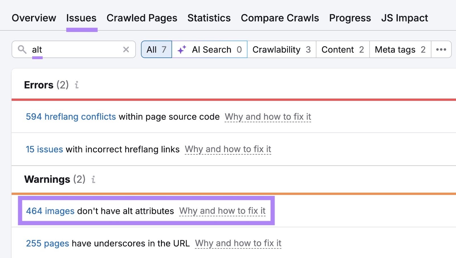 The "Issues" tab on Site Audit with "alt" entered in the search bar showing the number of images that don't have alt attributes.