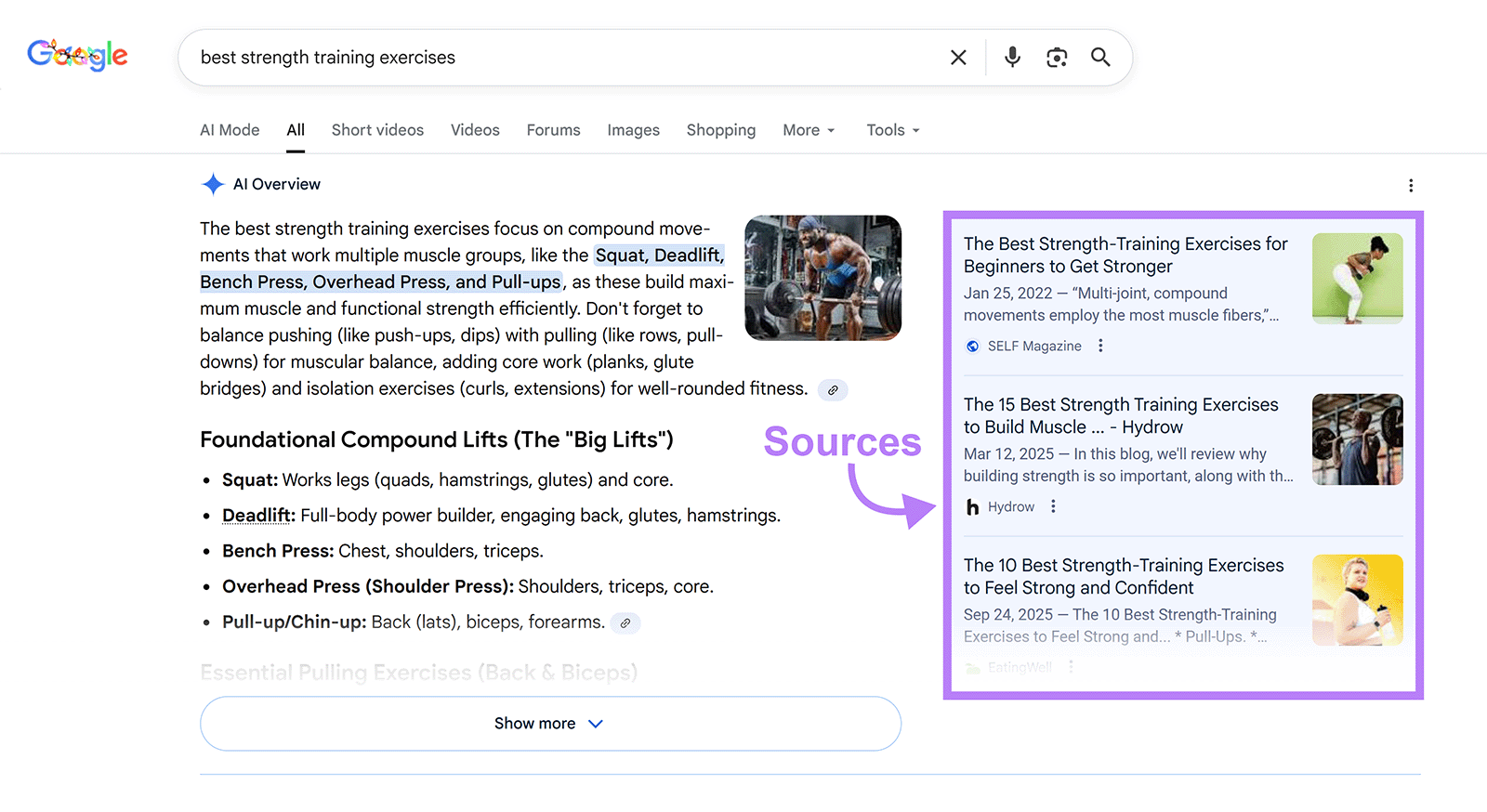 Google search results with an AI Overview summarizing best strength training exercises and source articles widget highlighted.