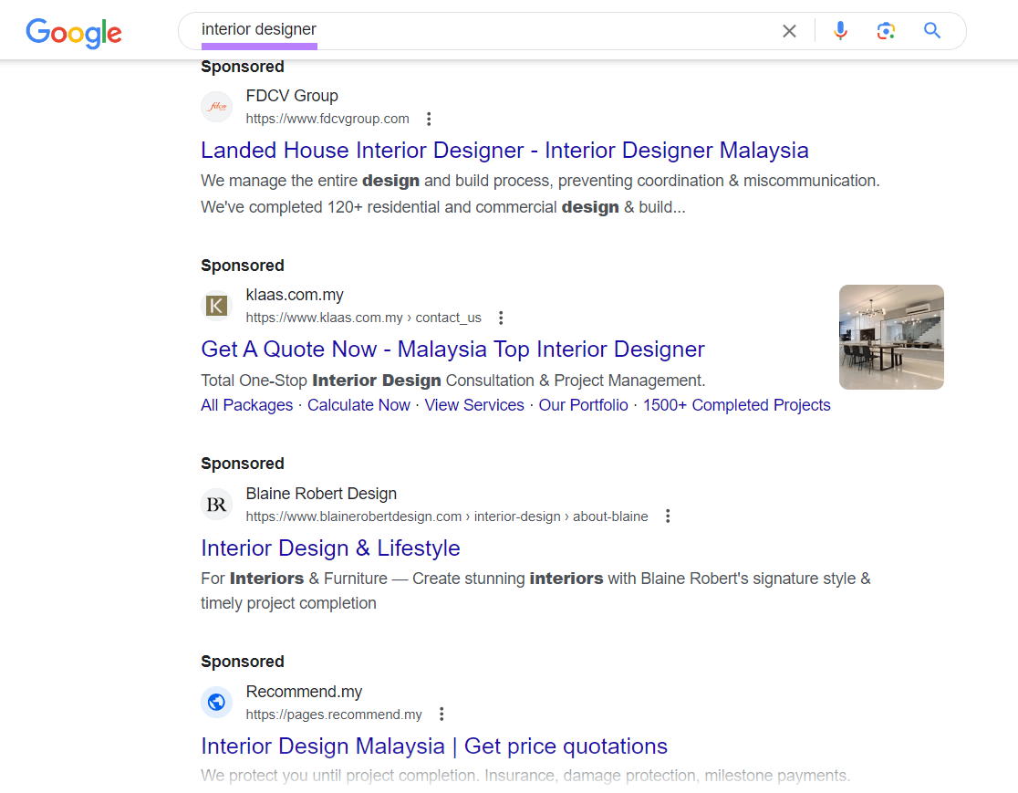 Google's SERP for "interior designer" query shows sponsored search results at top