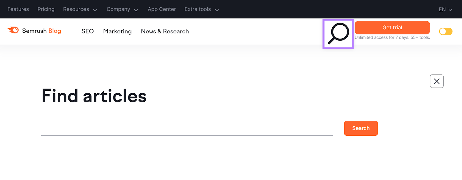 Semrush blog search page with search button in navigation enlarged and highlighted.