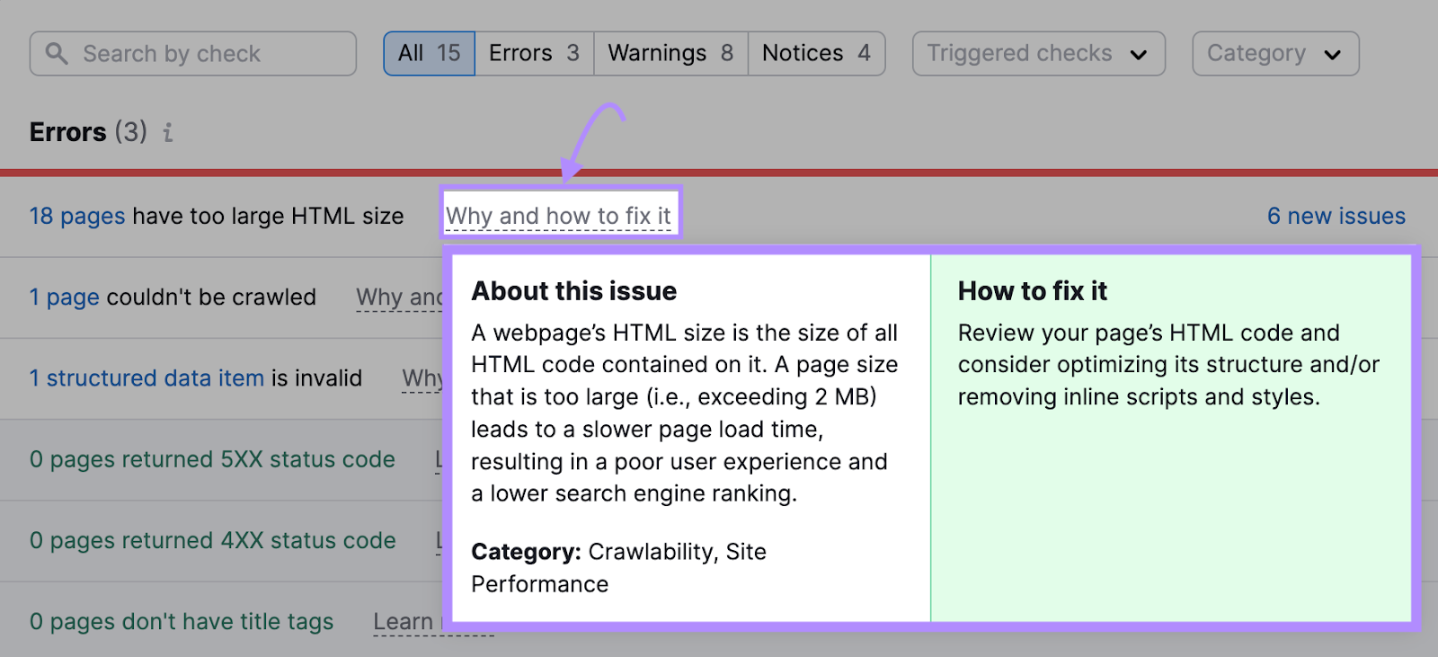 An explanation of pages with too large HTML size issue and how to fix it in Site Audit tool
