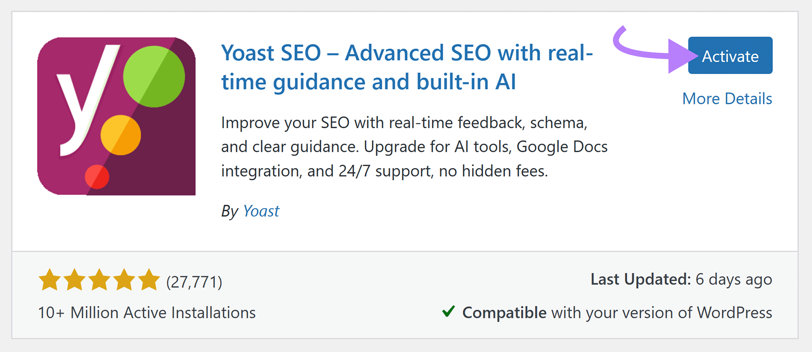 Yoast SEO plugin card in WordPress with an arrow pointing to the blue “Activate” button on the right.