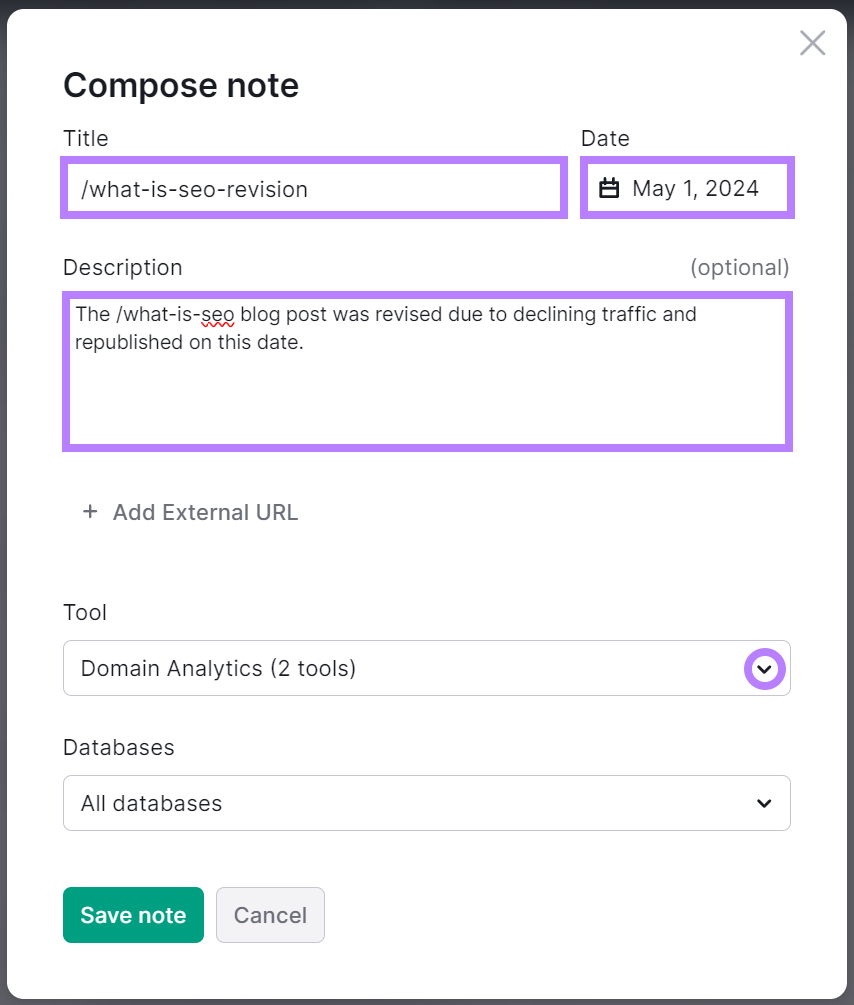 Semrush note title, date, and description added and Tool dropdown arrow circled.