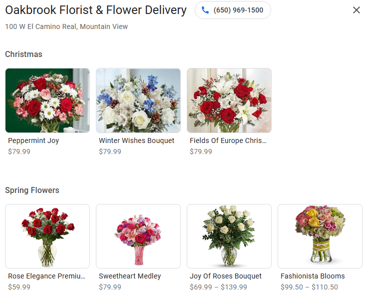 Google Business Profile products for a florist.