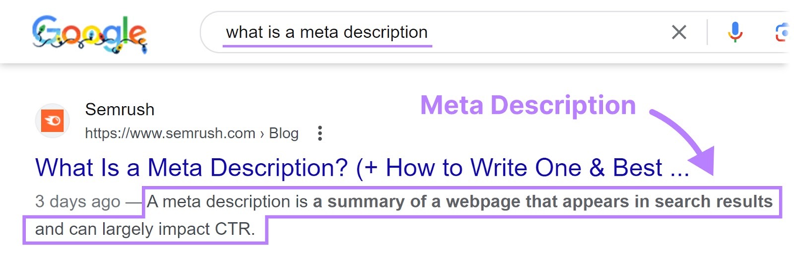 Meta description highlighted in SERP.