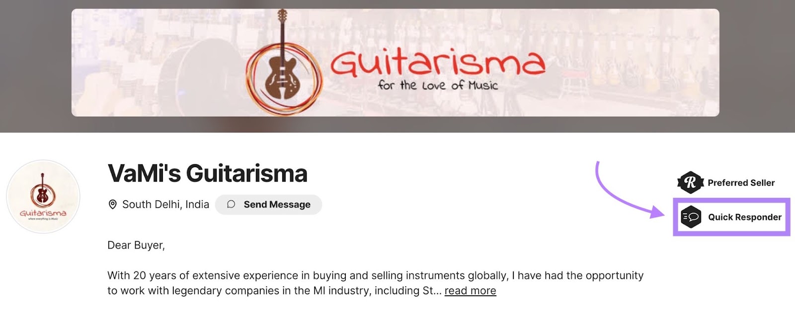 The "Quick Responder" tag for a seller on the C2C marketplace, Reverb.