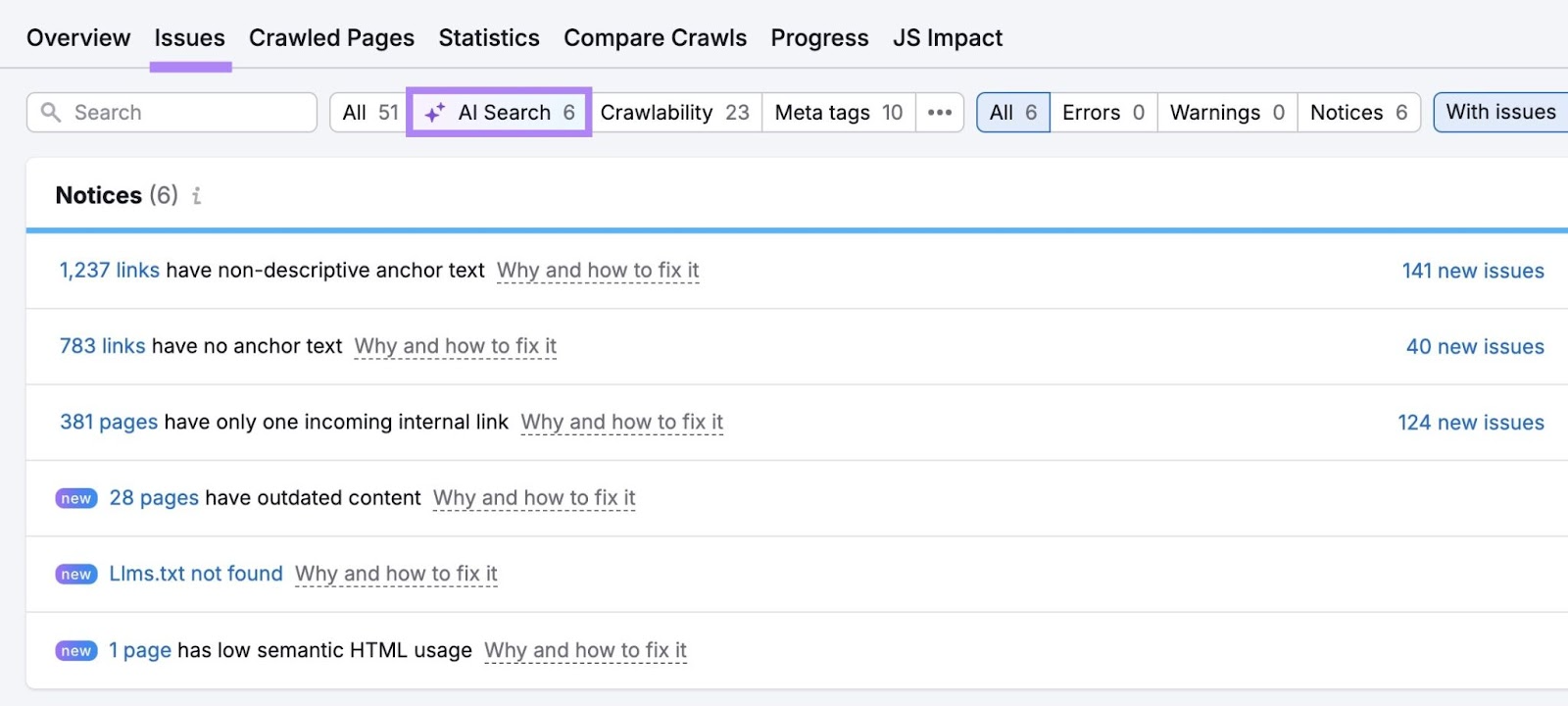 Site Audit Issues with "AI Search" clicked showing issues which prevent a site from ranking in AI Overviews.