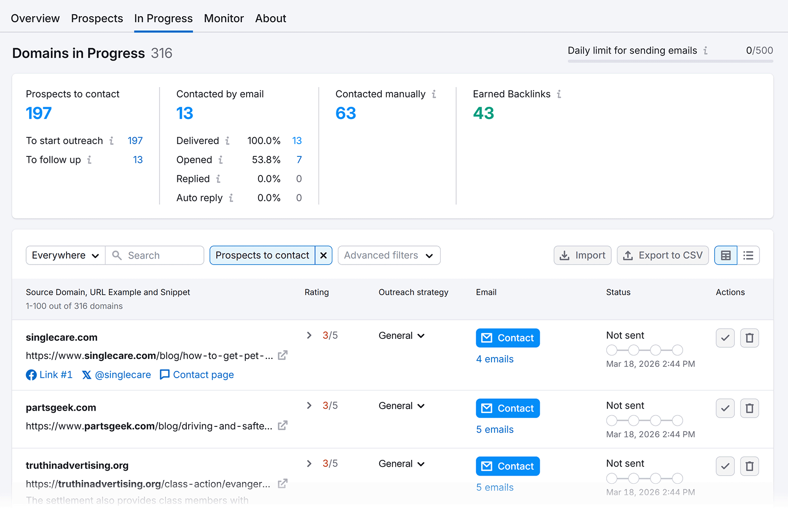 Link building tool showing domains in progress, outreach stats, and earned backlinks