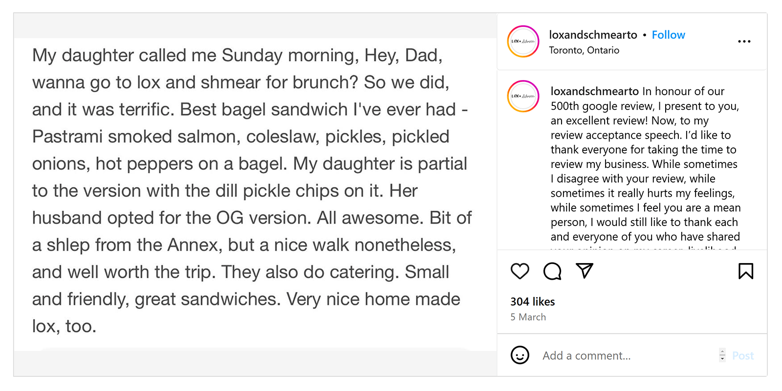 Lox + Schmear Instagram post sharing a glowing Google review.