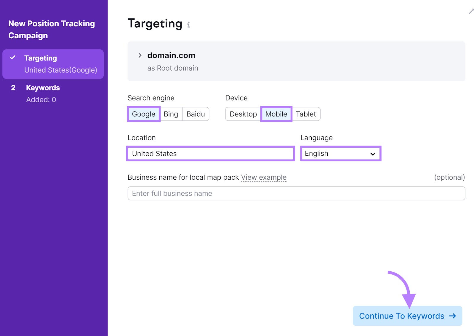 "Targeting" tab of the Position Tracking tool with Search engine, Device, Location, and Language sections highlighted.