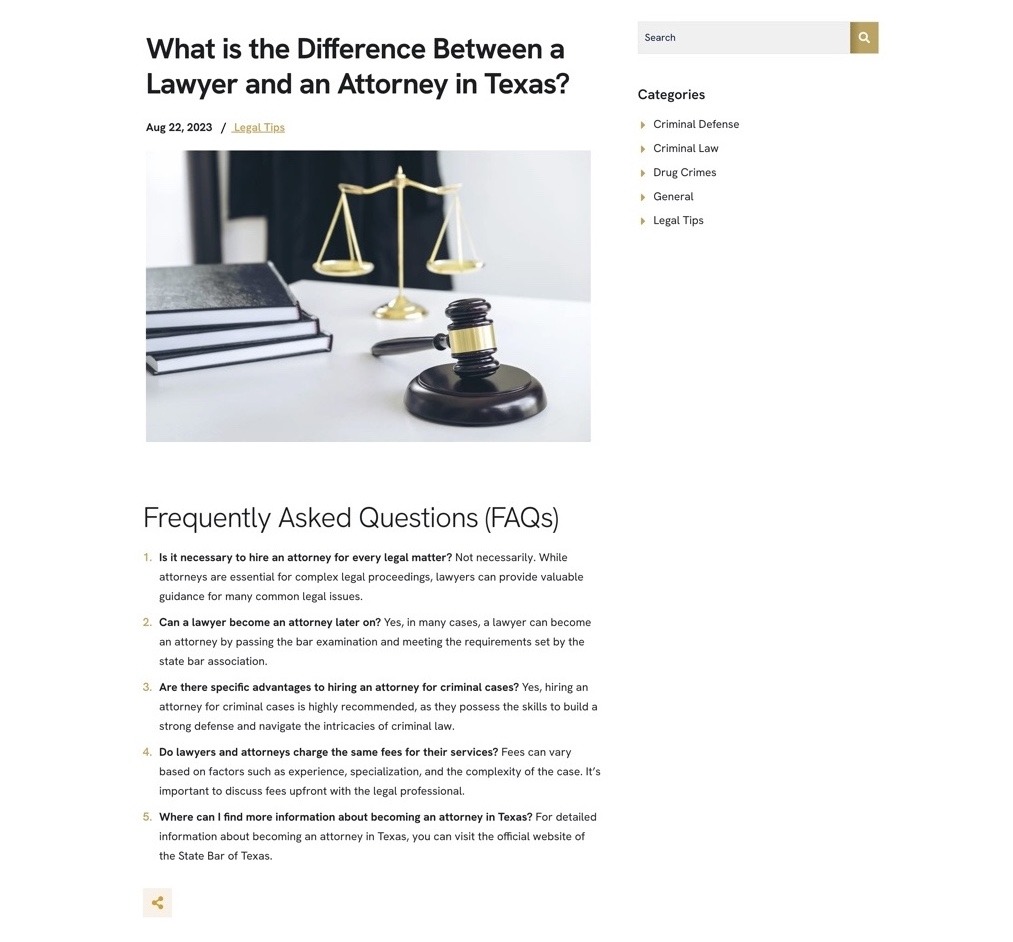 The FAQ section of a blog post by Baron & Associates targeting a keyword with informational intent.