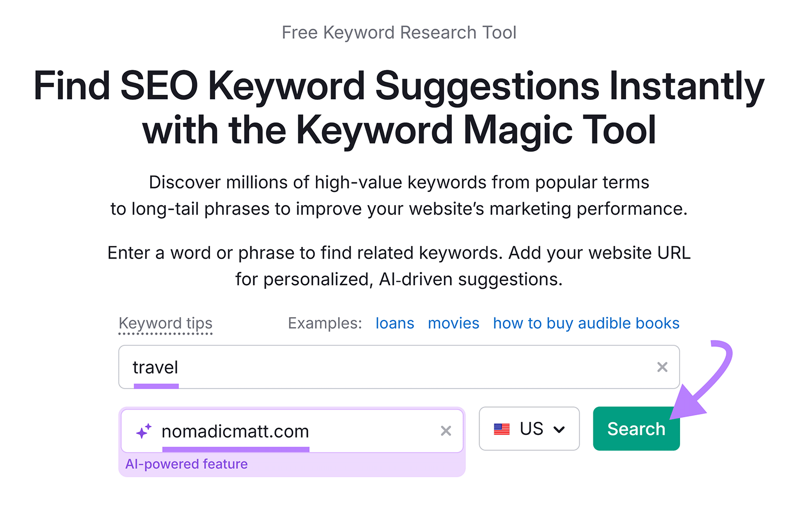 Keyword Magic Tool interface showing “travel” search input and an arrow pointing to the search button.