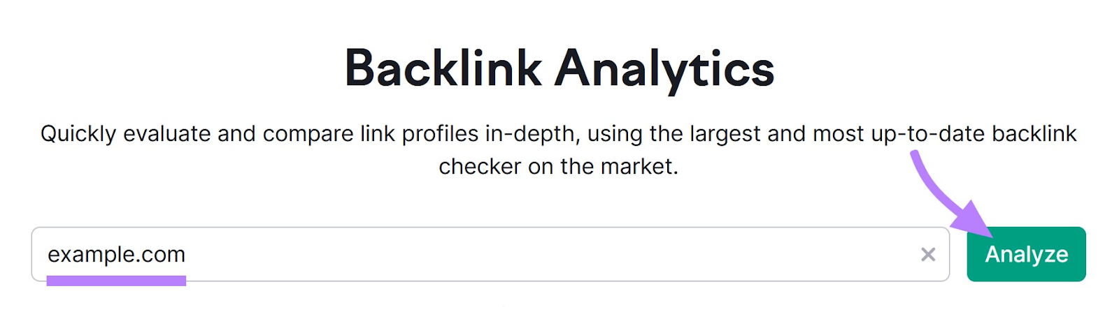 Backlinks tool with "example.com" in a search bar and "analyze" button highlighted