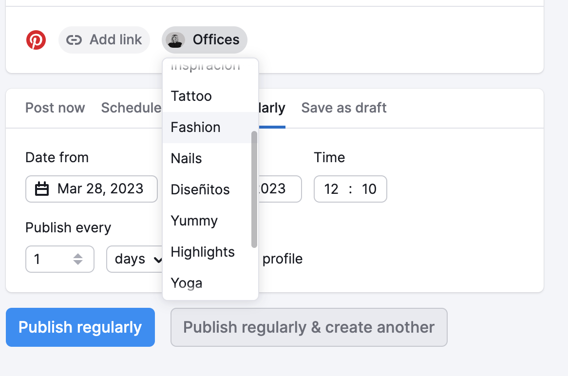 In the Social Poster tool, you can create a pin and then post it to a specific Pinterest board.