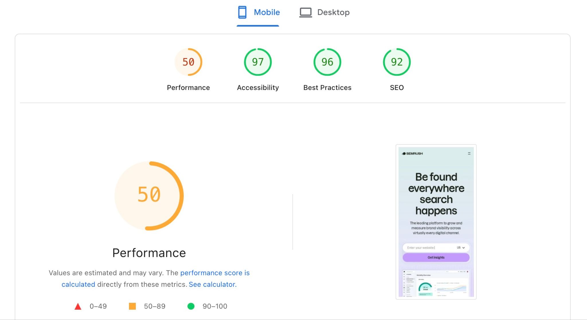 Google PageSpeed Insights showing a mobile performance report with a performance score and diagnostic metrics.