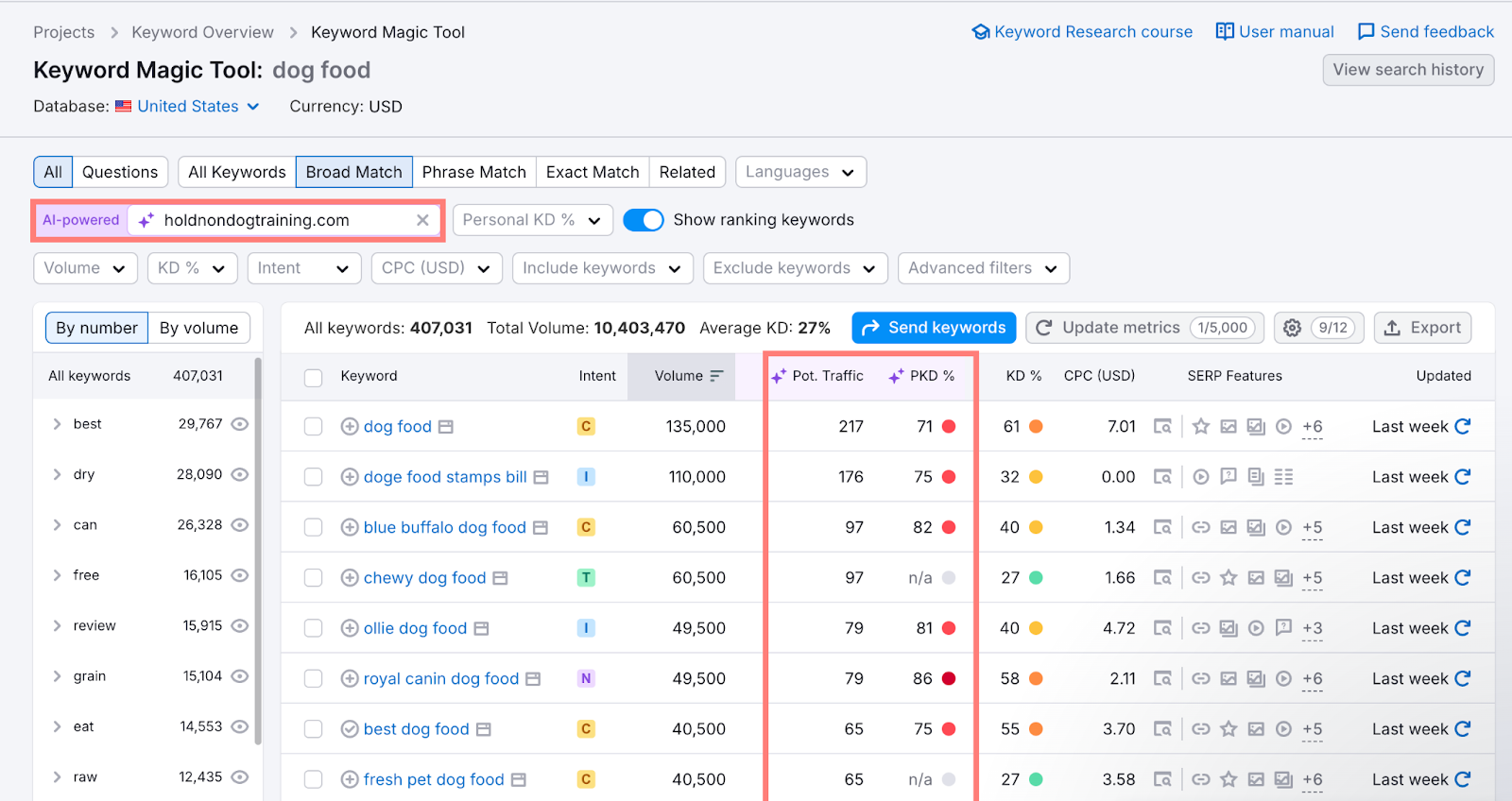 keyword magic tool results