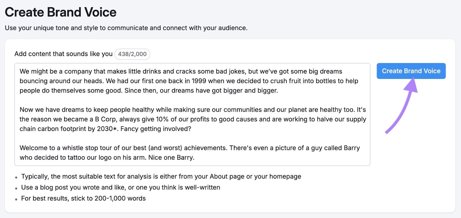 Create brand voice page on ContentShake AI with content from the 'about us' page added and "Create Brand Voice" clicked.