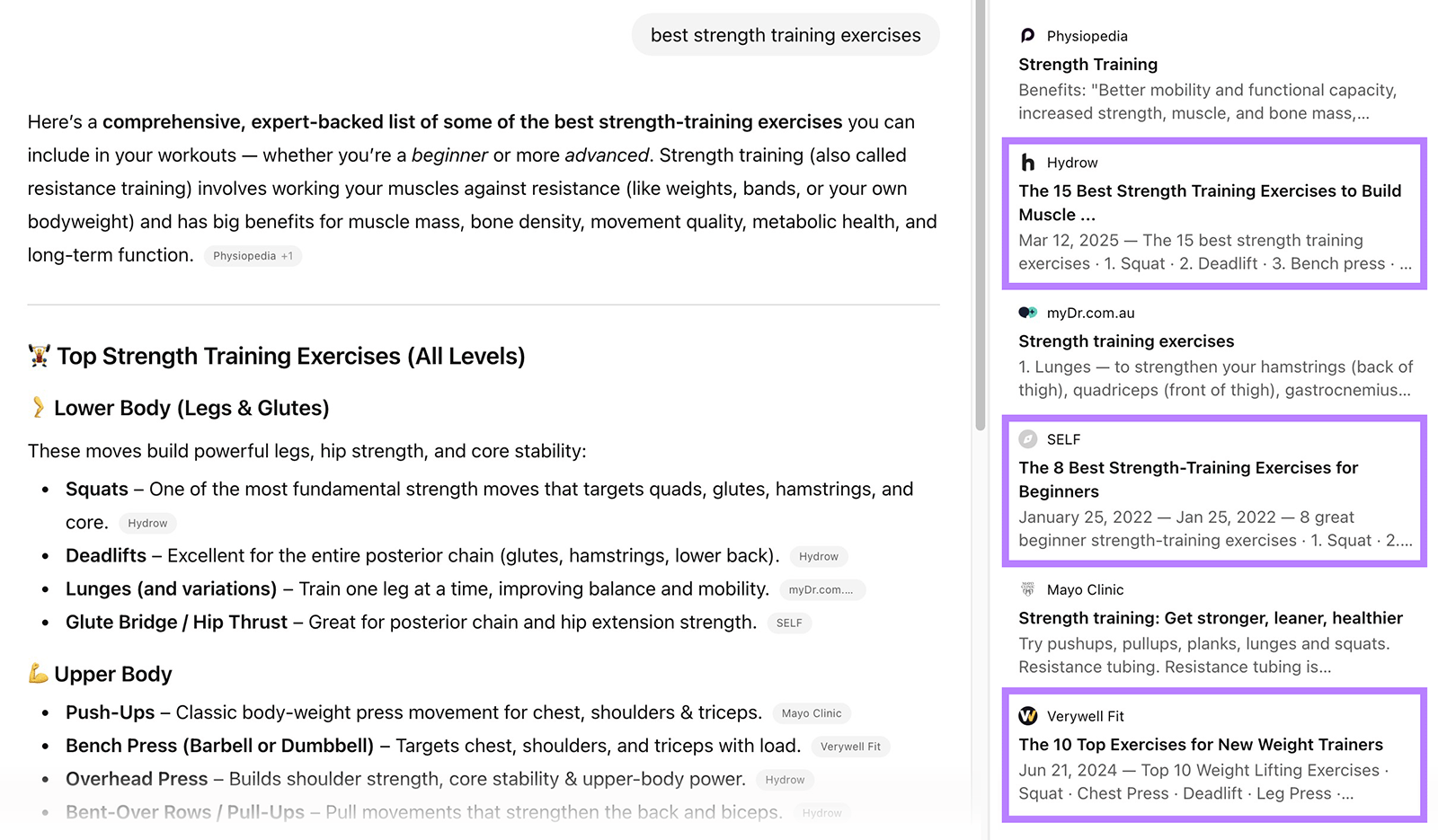 ChatGPT answer with Sources panel showing highlighted cited listicles from Hydrow other sites for strength training exercises.