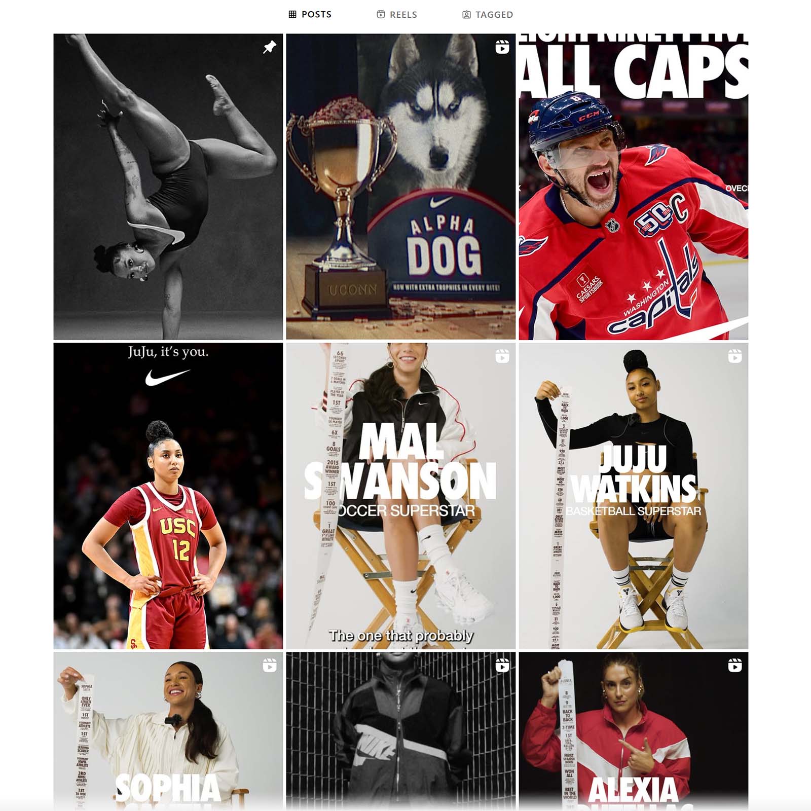 Nike Instagram posts feed showcasing athletes, motivational content, and sports moments featuring names like JuJu Watkins and Mal Swanson.