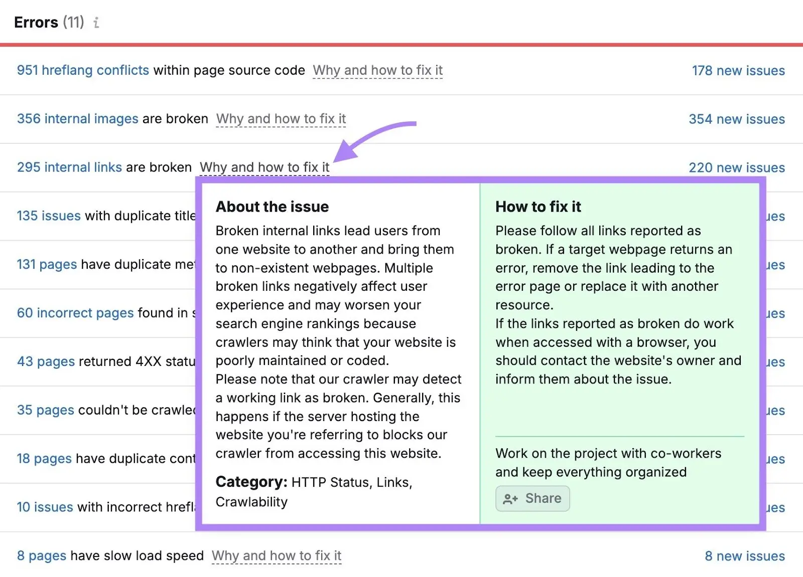 Issues tab Errors with arrow pointing to Why and how to fix it hyperlink with Issues details visible in popup.
