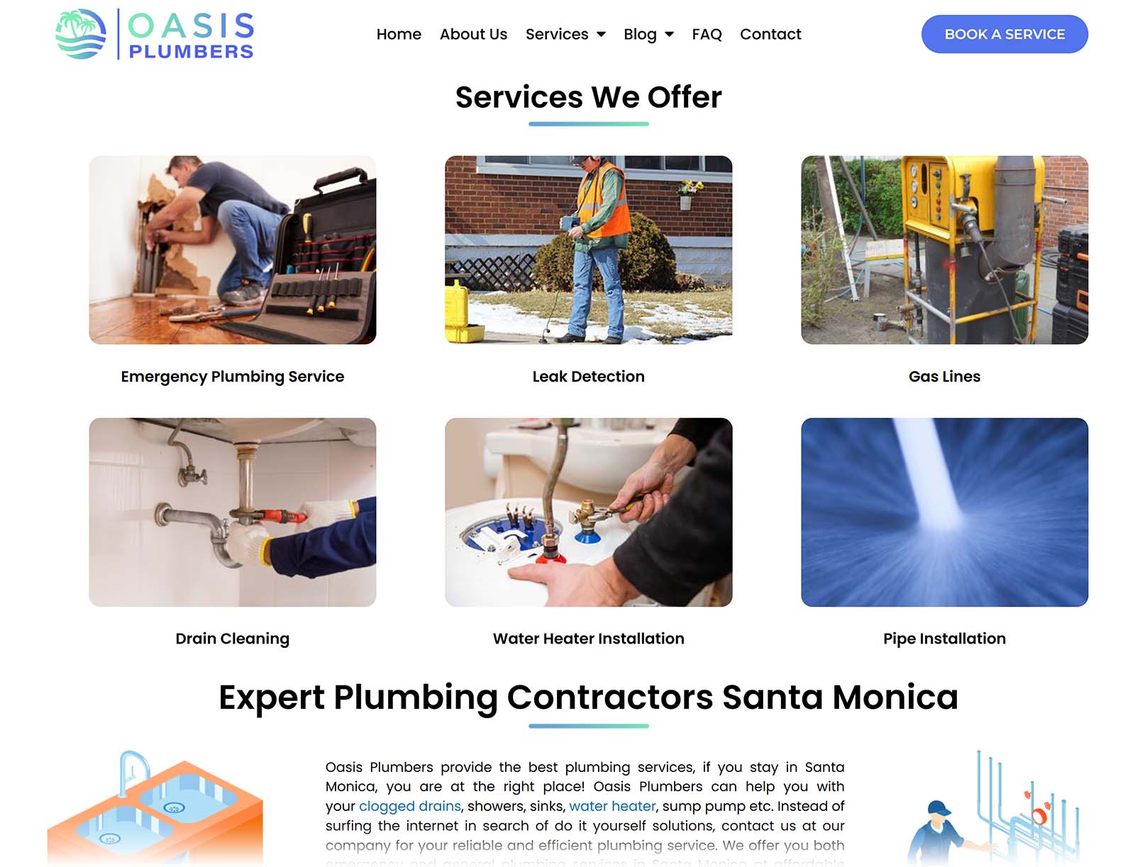 Oasis Plumbers website showing different plumbing services offered with images, including emergency plumbing and leak detection