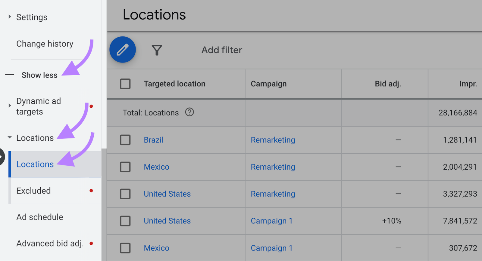 navigation to “Locations” button in the left-side menu