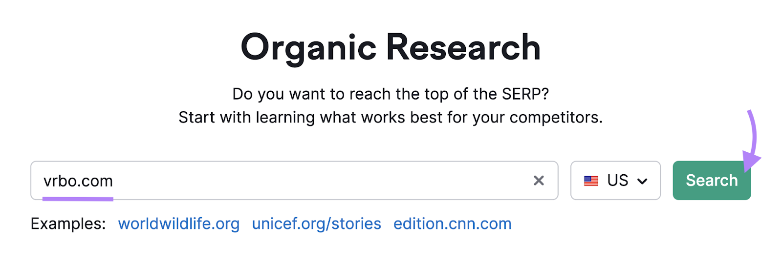 "vrbo.com" entered into the Organic Rankings tool search bar