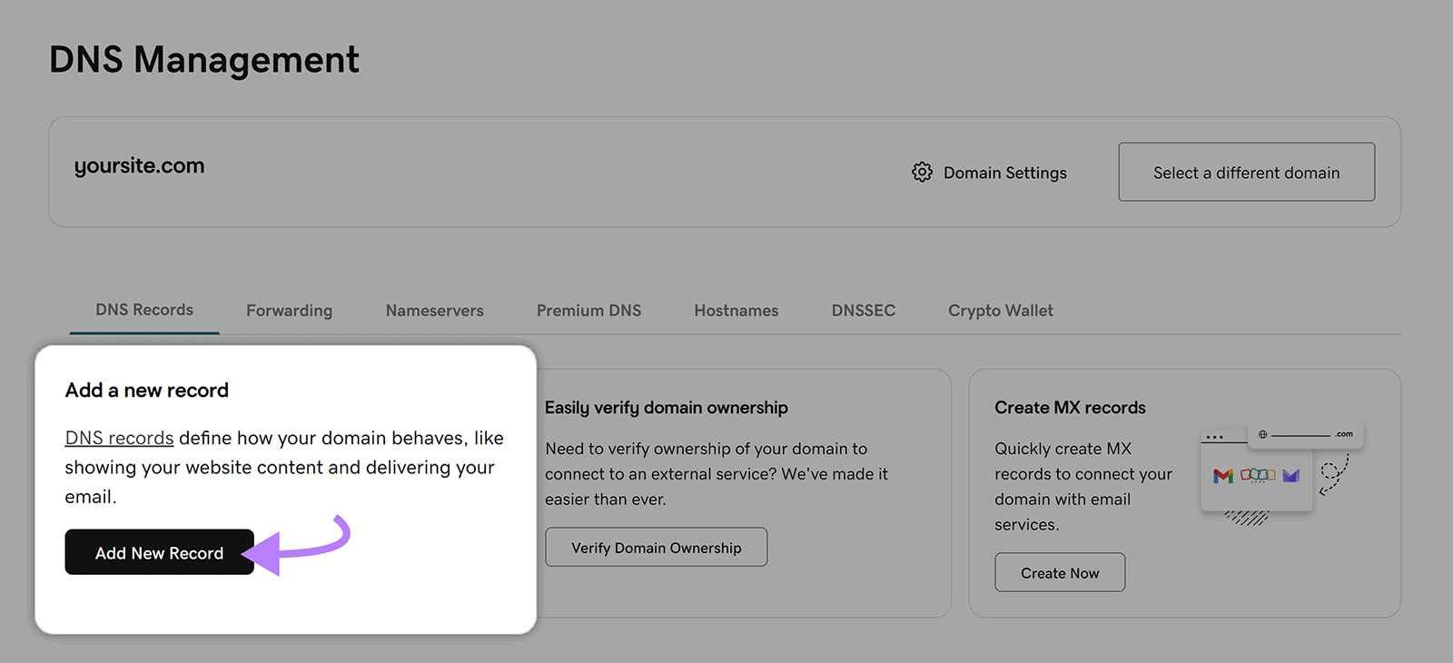 GoDaddy DNS management page highlighting the Add New Record button.