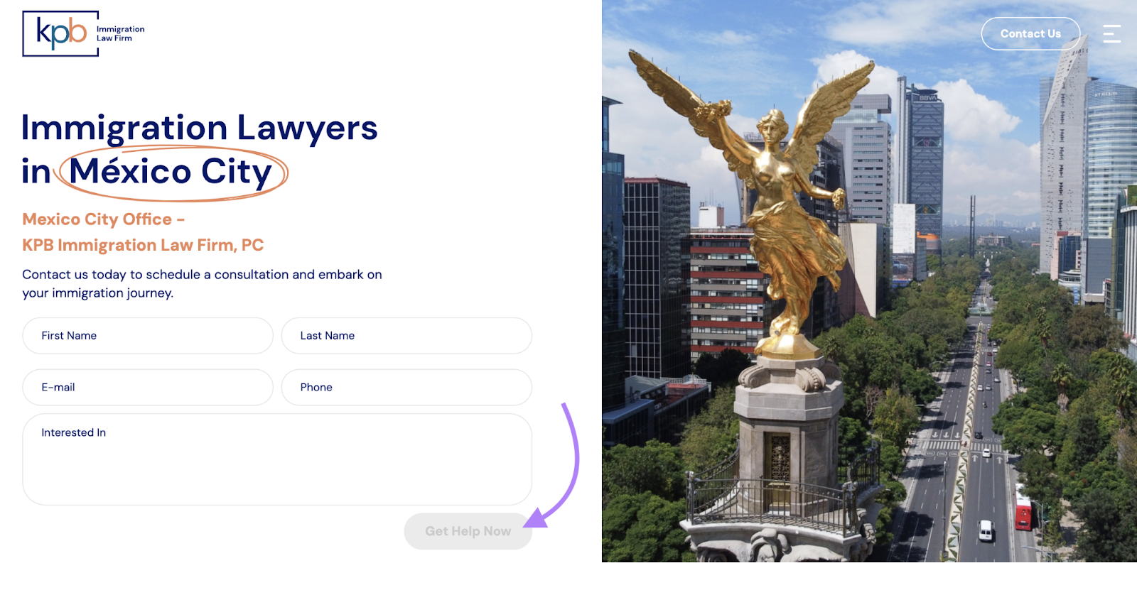 The location page's lead form includes direct copy in the call to action button.