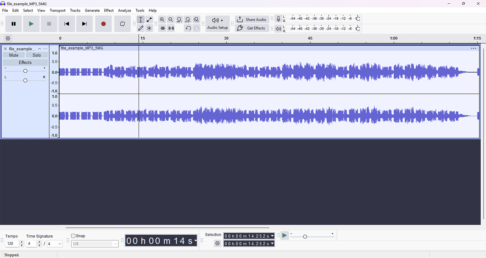 Audacity audio editor displaying a stereo waveform with playback controls and editing tools.