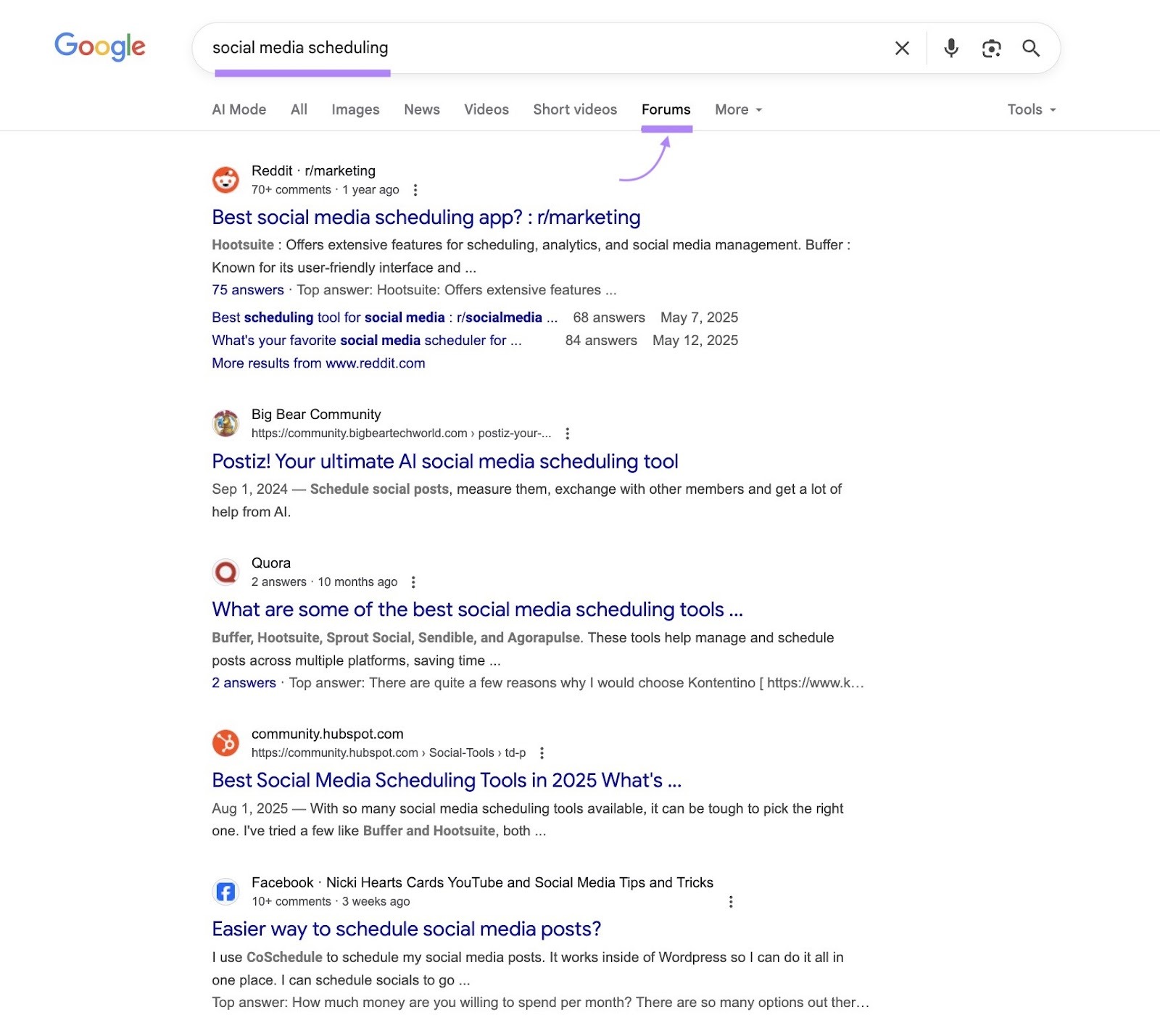 The "Forums" tab on Google SERP for the term "social media scheduling" showing results from Reddit, Quora, Facebook, etc.