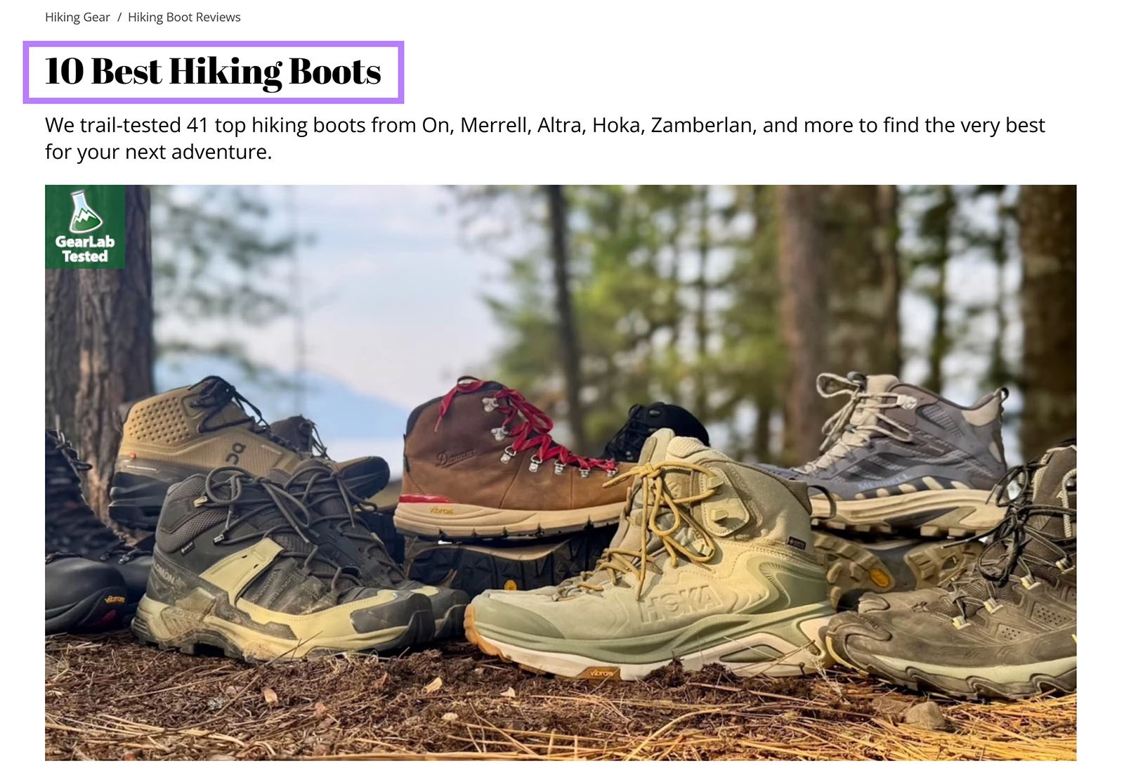 Article page with H1 heading “10 Best Hiking Boots” highlighted above a featured image of hiking boots.