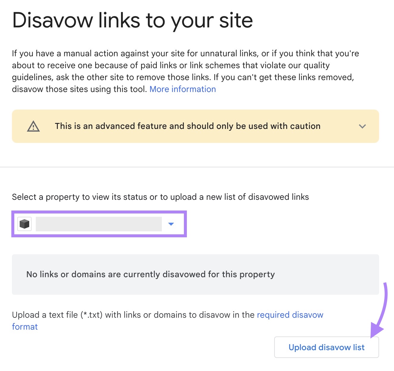 Disavow Links Tool on Google with a property selected and "Upload disavow list" clicked.