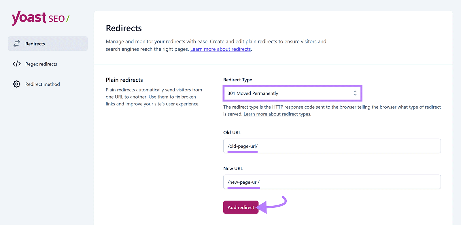 Yoast SEO redirect settings showing a 301 redirect from /old-page-url/ to /new-page-url/ with Add Redirect button highlighted.